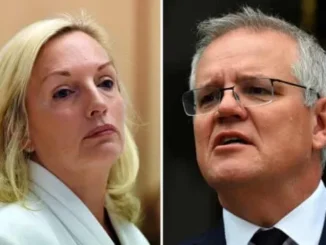 A split-screen image of two serious-faced individuals in a formal setting.
