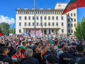 Large crowd protesting in front of a government building with flags and banners.