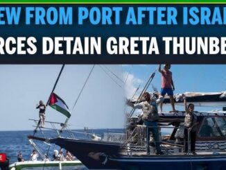A boat with people and flags at sea with a headline about Greta Thunberg.