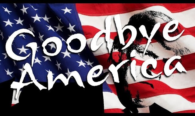 American flag with 'Goodbye America' text and a grim reaper figure. American flag with 'Goodbye America' text and a grim reaper figure.