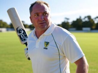 Cricketer holding a bat, ready to play on a sunny day.
