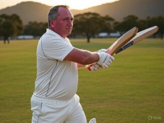 Man playing cricket, focused on the ball.