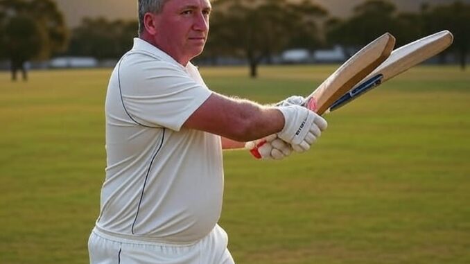 Man playing cricket, focused on the ball.
