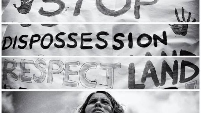 A person stands in front of a protest sign demanding respect for land and stopping dispossession. A person stands in front of a protest sign demanding respect for land and stopping dispossession.
