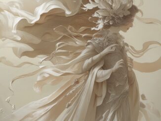 Elegant figure with flowing, ethereal fabric in soft sepia tones.