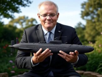 Man in suit holding a model submarine outdoors.