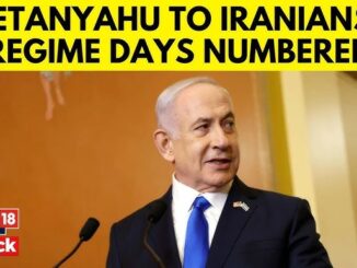 Benjamin Netanyahu speaking at a podium with a headline about Iran.