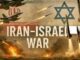 Graphic depicting the Iran-Israel war with missiles and explosions.