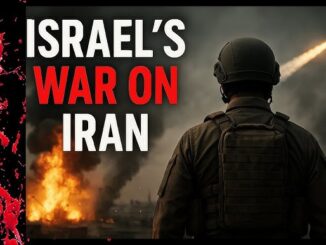 Soldier watches explosion with text about Israel's war on Iran.