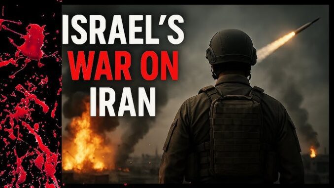 Soldier watches explosion with text about Israel's war on Iran.