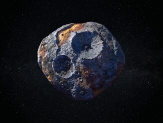 A detailed asteroid floats in space with craters and varied textures.