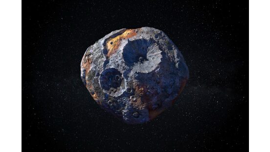 A detailed asteroid floats in space with craters and varied textures. A detailed asteroid floats in space with craters and varied textures.