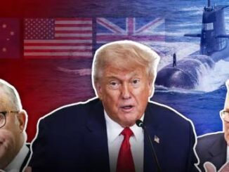 Portrait of Donald Trump with American and British flags in the background.