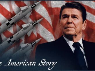 Ronald Reagan with American flag and missiles in background.