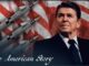 Ronald Reagan with American flag and missiles in background.