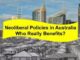 Text overlay on cityscape questioning benefits of neoliberal policies in Australia.