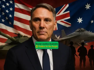 Portrait of a serious man in front of Australian flags.