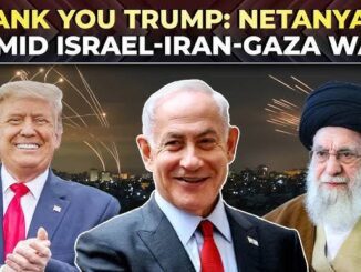 Political leaders Trump, Netanyahu, and an unidentified figure with a Gaza conflict backdrop.