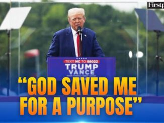 Donald Trump speaking at a podium with a quote about God and purpose.