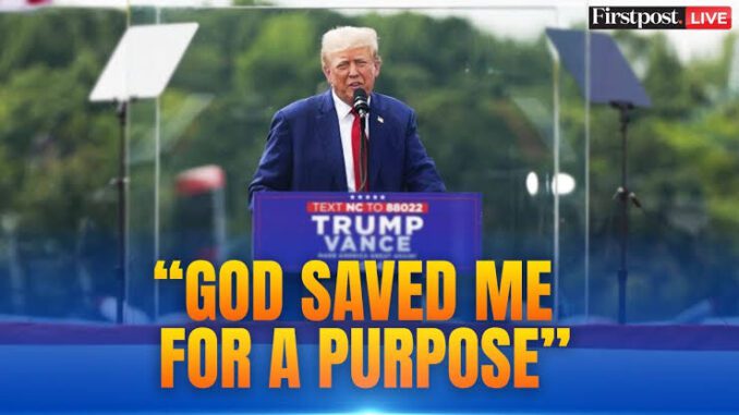 Donald Trump speaking at a podium with a quote about God and purpose. Donald Trump speaking at a podium with a quote about God and purpose.