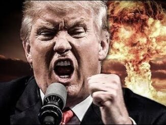 Donald Trump shouting passionately with flames in the background.
