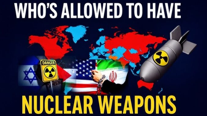 World map showing countries with nuclear weapons and their flags.