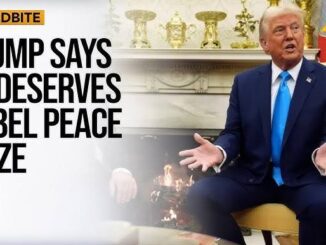 Donald Trump sitting with a headline about deserving peace.