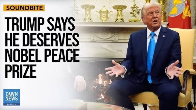 Donald Trump sitting with a headline about deserving peace.