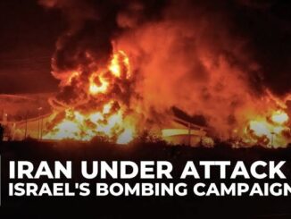 Intense fire and smoke engulf a scene amid an attack during Israel's bombing campaign.