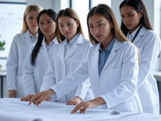 A group of female scientists in white lab coats reviewing documents.