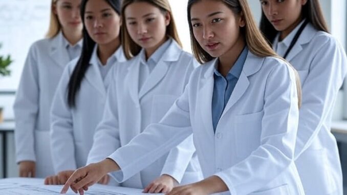 A group of female scientists in white lab coats reviewing documents. A group of female scientists in white lab coats reviewing documents.