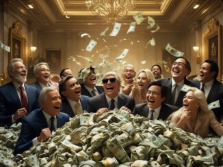 A group of joyful people celebrating around a massive pile of money.