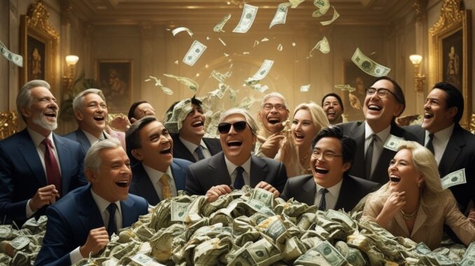 A group of joyful people celebrating around a massive pile of money. A group of joyful people celebrating around a massive pile of money.