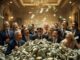 A group of joyful people celebrating around a massive pile of money.