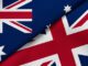 Close-up of Australian and British flags overlapping.