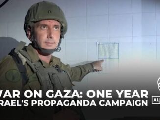 Soldier in helmet pointing, with text about Gaza propaganda campaign.