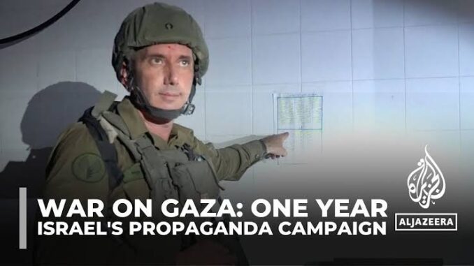 Soldier in helmet pointing, with text about Gaza propaganda campaign.