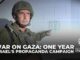 Soldier in helmet pointing, with text about Gaza propaganda campaign.