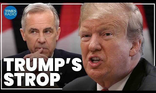 Close-up of Donald Trump and another man with the text 'Trump's Entrop'. Close-up of Donald Trump and another man with the text 'Trump's Entrop'.