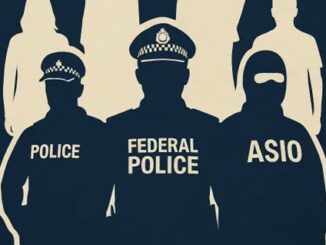 Silhouettes of law enforcement officers labeled Police, Federal Police, and ASIO.