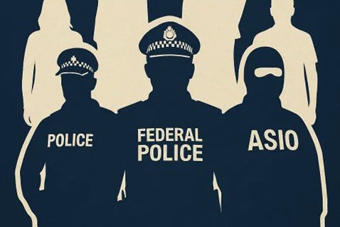 Silhouettes of law enforcement officers labeled Police, Federal Police, and ASIO.
