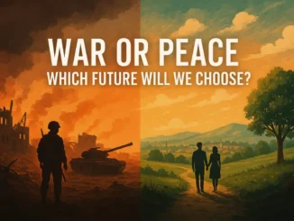 Silhouettes contrasting war and peace futures under dramatic skies.