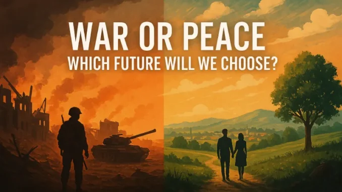 Silhouettes contrasting war and peace futures under dramatic skies.