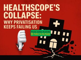 Illustration showing NHS hospital collapsing and a thumbs down symbolizing NHS privatisation failures.