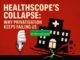 Illustration showing NHS hospital collapsing and a thumbs down symbolizing NHS privatisation failures.