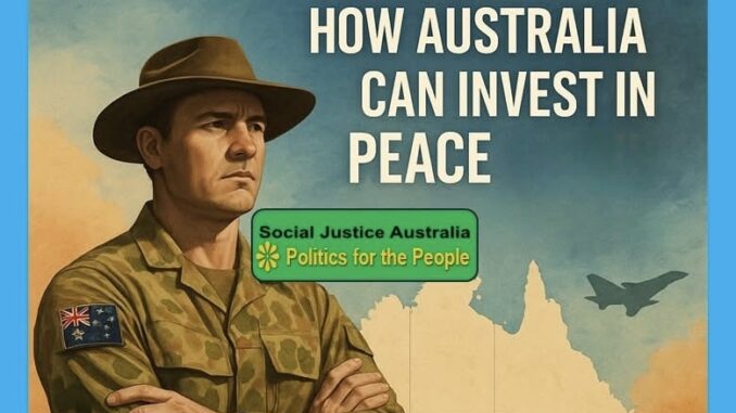 Vintage-style poster urging Australians to invest in peace and social justice. Vintage-style poster urging Australians to invest in peace and social justice.