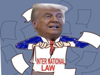 Caricature of Donald Trump in a sailor outfit labeled 'International Law'.