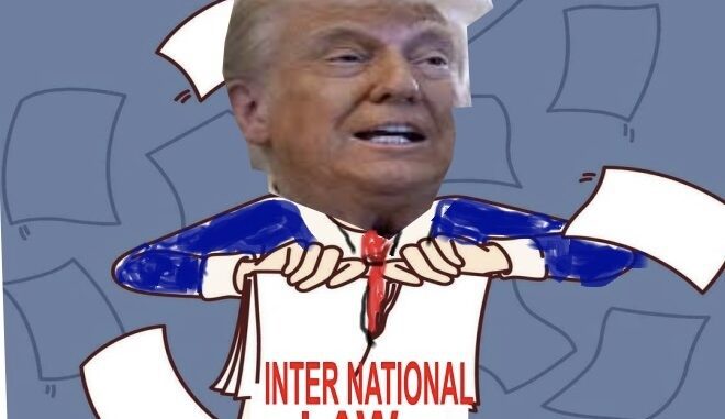 Caricature of Donald Trump in a sailor outfit labeled 'International Law'. Caricature of Donald Trump in a sailor outfit labeled 'International Law'.