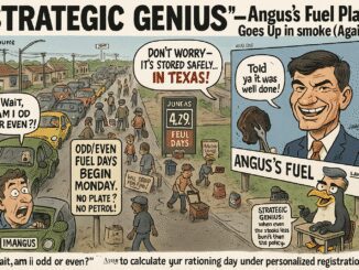 Cartoon shows people rationing food and fuel during a crisis in Texas.