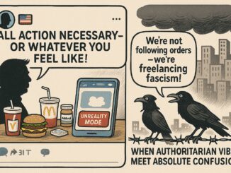 Two birds discuss authoritarianism and fascism with a vial labeled 'Loyalty Ampoule.'
